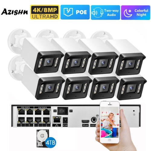 AZISHN 8CH 5MP 8MP POE Security Camera System Two Way Audio 8MP NVR Kit CCTV Outdoor IP Camera H.265 P2P Video Surveillance Set